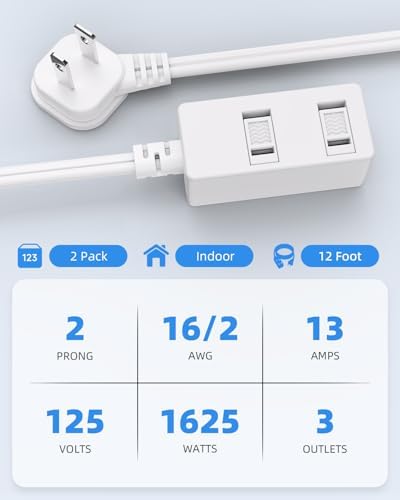 Flat Plug Extension Cord 2-Packs 12Ft White - 2-Prong Power Strip with 3 Polarized Outlets & Tamper Guard, 16/2 AWG 13A/1625W - Image 2