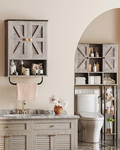 CHOEZON Bathroom Wall Cabinet, Medicine Cabinet with Open Partition and Towel Bar, Rustic Storage Cabinet with Open and Hidden Storage Space, for Bathroom, Living Room, Greige and Charcoal Black - Image 2