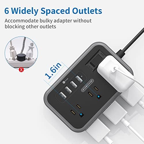 Flat Plug Extension Cord 10 Ft, NTONPOWER 6 Widely Spaced Outlet(2 Side) Power Strip with 4 USB Ports, Overload Protection, Wall Mount Charging Station for Home Office, Nightstand and dorm room, Black - Image 3