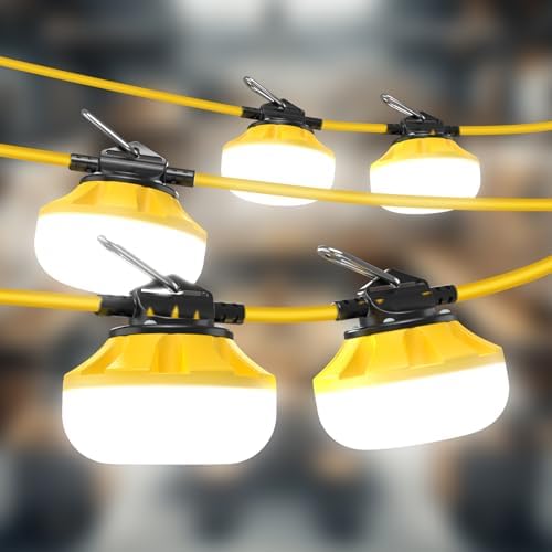 LED Construction String Lights: 50FT IP65 Waterproof ETL Certified Crawl Space Lights - 5000lm 18AWG Wire Linkable Temporary Construction Lighting for attic Lights with 5 Bulbs & Hooks by Ipackorin