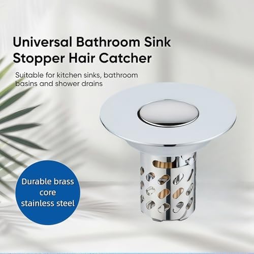 Universal Pop-Up Bathroom Sink Stopper, Stainless Steel Drain Strainer with Removable Filter Basket for 1.1"-2.36" Basin, Push-to-Bounce Core, Bathroom Sink Plug, Hair Catcher, 2 Pack - Image 2