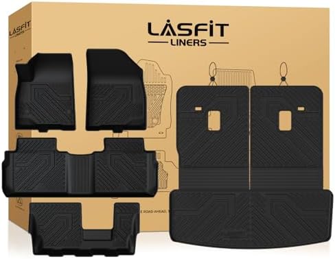LASFIT Floor Mats & Cargo Liner with Backrest Mat for GMC Acadia 2017-2023 (Only Fit 7 Seats), All Weather TPE Custom Fit Floor Mats for Cars, 3 Rows Floor Liners Car Mats Full Set, Black by LASFIT