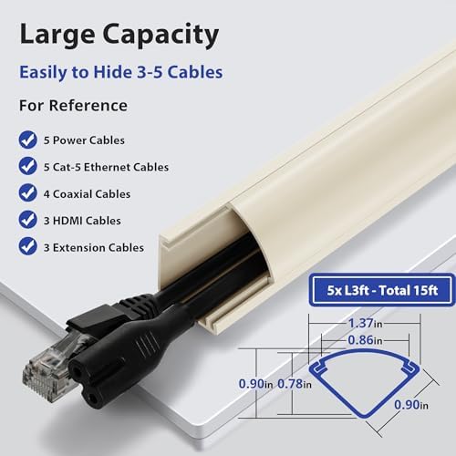 ZhiYo 15ft Corner Cable Hider for 3-5 Cords, Wall & Floor Cord Hider Beige - Image 2