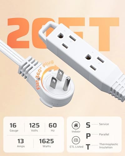 DEWENWILS 20FT Extension Cord with 360° Rotating Flat Plug, 3 Grounded Outlets, 13A 1625W Heavy Duty, SPT-3 16/3C, Space Saving Extension Cord, Multiple Wall Outlet Extender for TV, Office, Kitchen - Image 2