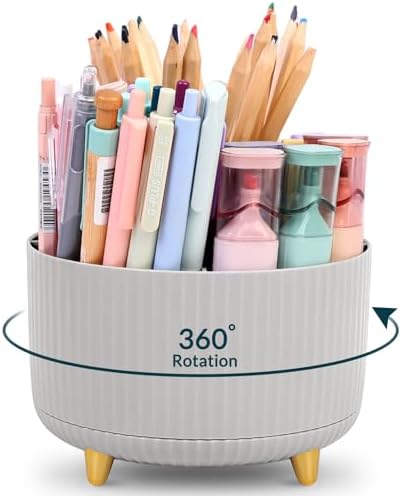 KONVINIT Pencil Pen Holder for Desk, 5 Slots 360-Degree Rotating Desktop Organizer, Cute Desk Organizers and Accessories for School, Home, Office and Art Supply, Grey by KONVINIT
