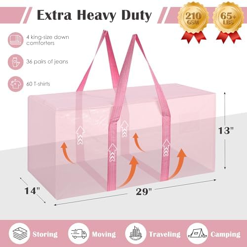 6 Pack Moving Bags with Full-Open Side Zipper, Extra Large 93L Heavy Duty Waterproof Foldable Storage Totes for College Dorm, Moving & Home Organization Pink - Image 2