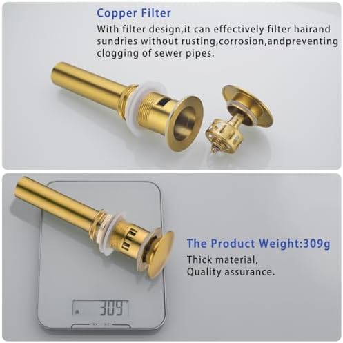 Bathroom Pop Up Sink Drain with Overflow Vessel Sink Lavatory Vanity Stopper Brushed Dark Gold, Bouncing Style Stopper Brass and 304 Stainless Steel,83606-1BDG. - Image 6