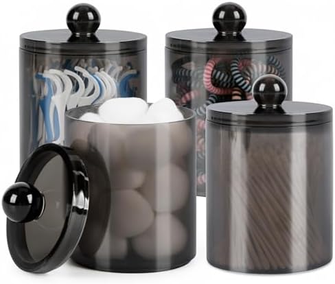WEISHI 4 Pack Qtip Holder Dispenser - Cotton Ball, Swab, Round Pads, Floss , Small Plastic Apothecary Jar Containers with Lids for Bathroom Storage and Organization, Vanity Organizer ( Black ) by WEISHI