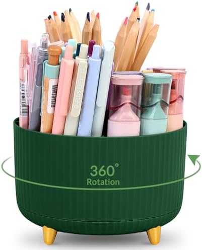 KONVINIT Pencil Pen Holder for Desk, 5 Slots 360-Degree Rotating Desktop Organizer, Cute Desk Organizers and Accessories for School, Home, Office and Art Supply, Dark Green by KONVINIT