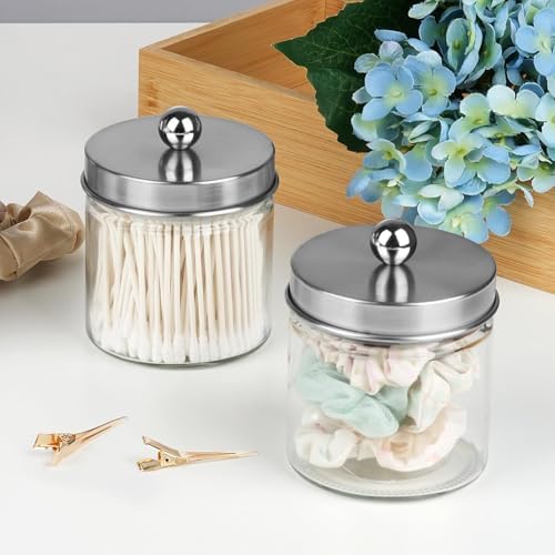 SheeChung Glass Mason Jar Qtip Holder Dispenser, Brushed Nickel Lids,2 Pack - Image 2