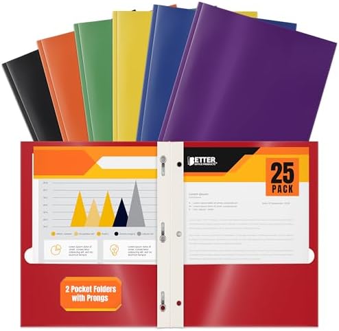 Better Office Products 2 Pocket Glossy Laminated Paper Folders with Prongs, Assorted Colors, Letter Size, Paper Portfolios with 3 Metal Prong Fasteners, Box of 25 by BetterOfficeProducts