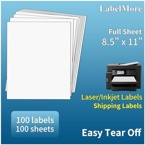 LabelMore 100 Sheets, Printable Sticker Paper, 8.5" x 11" Sticker Printer Paper Sheet for Laser & Inkjet Printers by LabelMore