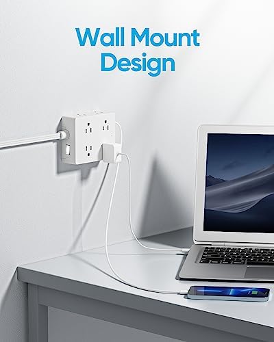Olcorife Flat Plug Power Strip with 15 FT Extension Cord, 8 Outlets 4 USB Ports(1 USB C), 3 Sided Outlet Extender for Home Office Travel Dorm Room Essentials, White - Image 4