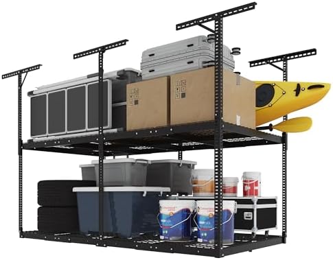FLEXIMOUNTS 4x8 2-Tier Overhead Ceiling Garage Storage Rack, Black by FLEXIMOUNTS