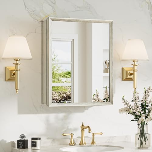 TokeShimi 16 x 20 Medicine Cabinet with Mirror, Assembly Required, Brushed Nickel Bathroom Recessed Medicine Cabinet with Mirror, Stepless Adjustable Shelves, Beveled Aluminum Frame, DTC Hinge by TokeShimi
