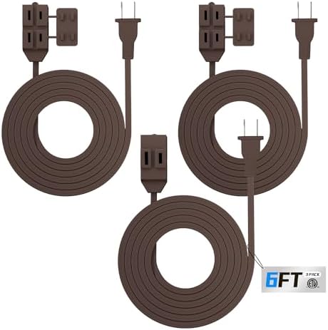 HBN Indoor Extension Cord 6ft 3 Pack Brown, 3 Outlets with Safety Cap Included, 2 Prong Polarized Plug, Perfect for Homes, Offices, and Kitchens by HBN