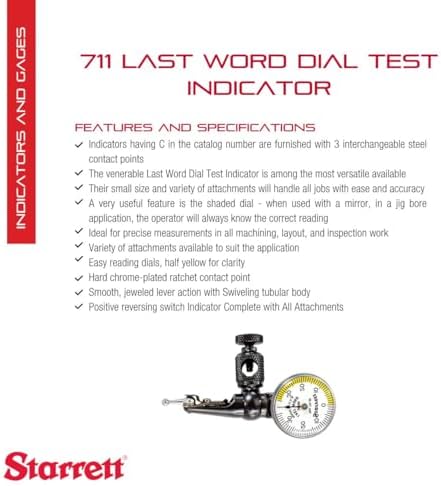 Starrett 711 Last Word Dial Test Indicator with All Attachments - White Half Shaded Face, .030" Range, 0-15-0 Dial Reading, .0005" Graduation - 711LCSZ - Image 2