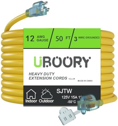 Outdoor Extension Cord Waterproof 50 FT, Yellow 12/3 SJTW Heavy Duty, Flexible 100% Copper 3 Prong Extension Cord for Lawn, Garage by UBOORY