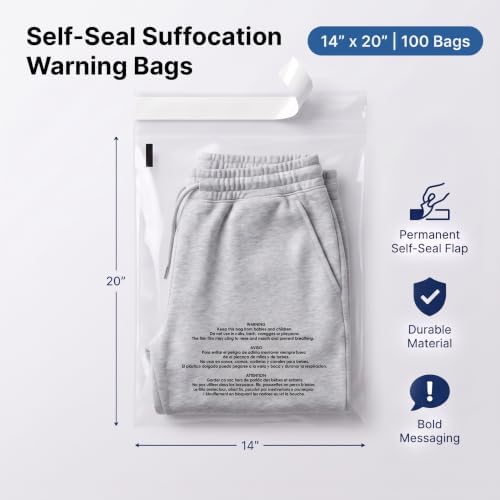 14” X 20” (100 Count) Self Seal Clear Poly Bags with Suffocation Warning - Image 2