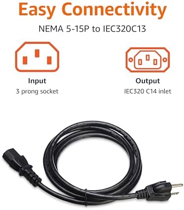 Amazon Basics PC Power Cable, 6 feet, AC Power Cord for Monitor, Computer, TV, 3 Prong, 18 AWG, 125 Volts, NEMA 5-15P to IEC320C13, UL Listed, Black - Image 3