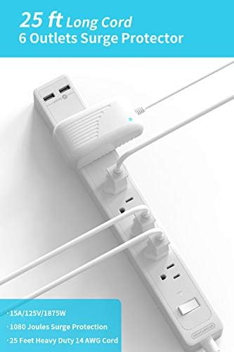 25ft Extension Cord Power Strip, 6 Outlets Surge Protector with 2 USB Ports, 15 A Circuit Breaker, Widely Spaced Outlet, Long Power Strip with Flat Plug Wall Mount for Home Office, Old House - Image 2