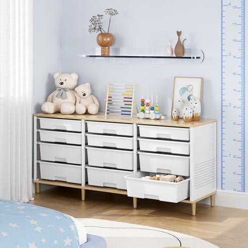 TOOLF 12 Drawers Storage Cabinet with Wooden Top and Plastic Bins, White - Image 7