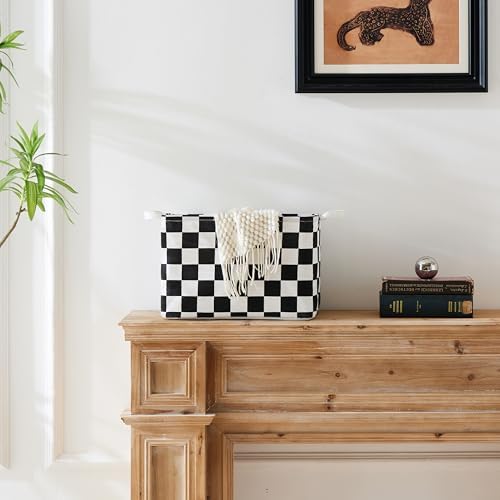 Ohocut Black White Checkered Canvas Basket, Rectangular Organizing Decorative Storage Basket for Kids Dog Toy, Cute Aesthetic Race Cars Boy Room Decor for Home, Kitchen, Bedroom, Classroom, Shelves - Image 2