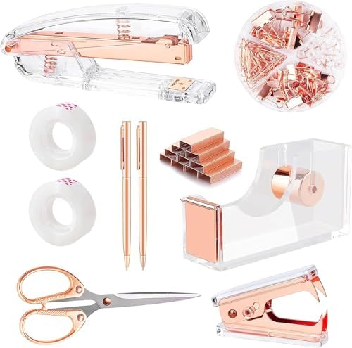 suniya Office Supplies Rose Gold Desk Accessories Set Office Supplies Kit with Stapler, Tape Dispenser, Scissors, Staple Remover, Ballpoint Pen, Clear Tape & Staples – Best Gift for Business or Boss by suniya