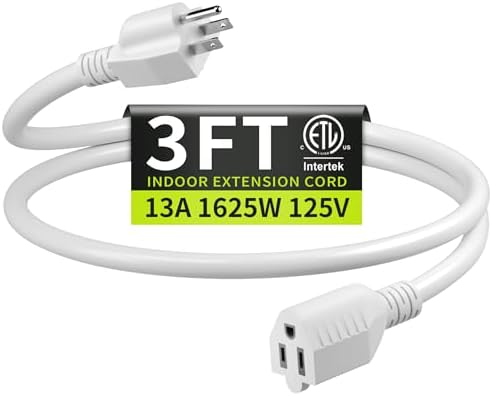 16/3 White Extension Cord 3 FT Indoor, Short Extension Cord by Seeklyze