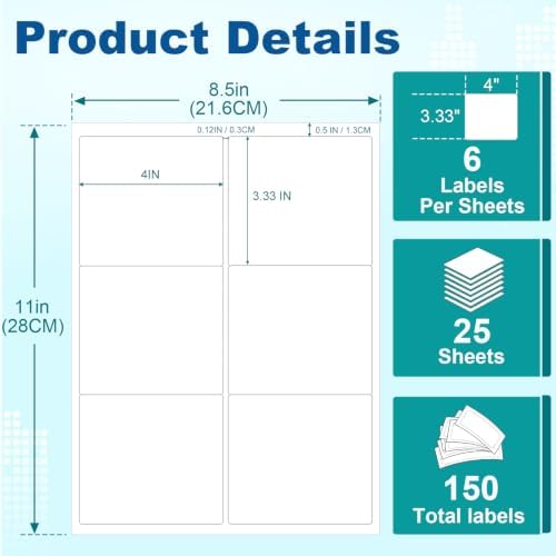 4" x 3.33" Shipping Labels, 150 Adhesive Address Labels for Laser & Inkjet Printer, Mailing, Barcode, Product, Packaging Labels, Shipping Boxes, 25 Sheets,Customizable Label Stickers,Pony Packaging - Image 2