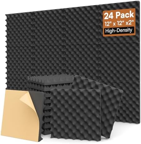 SD SODOCT 24 Pack Egg-Crate Acoustic Foam Panels, 12 x 12 x 2 Inches Self-Adhesive Sound Proof Foam Panels for Walls, High Density Acoustic Foam for Studio, Home Theater, and Recording Rooms, Black by SODOCT