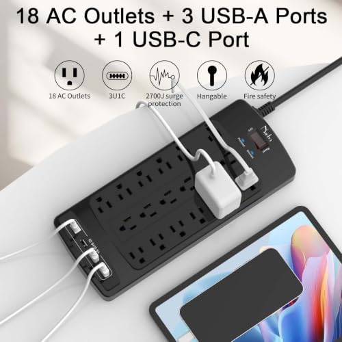 18 Outlets Surge Protector Power Strip - Nuetsa 10 Feet Flat Plug Heavy Duty Extension Cord with 18 Widely Outlets and 4 USB Ports, 2100 Joules, Black, ETL Listed - Image 2