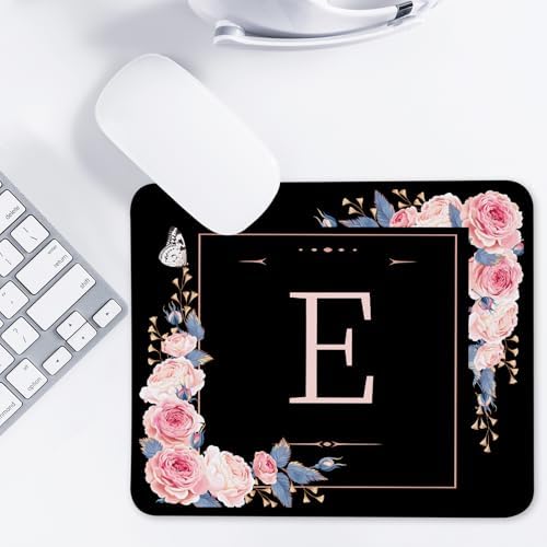 Letter E Black and Pink Flowers Square Mouse Pad, Mouse Pad with Stitched Edge and Non-Slip Rubber Base,Mouse Mat,Home Office Decor Desk Accessories,9.4x7.8x0.12 inch Square Mouse Pad - Image 7