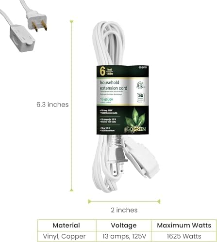 GoGreen Power Inc. (G-24706-5) 16/2 6' Household Extension Cord, 3 Outlets, White, 6ft, 5 Pack - Image 2