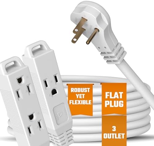 Flat 3-Outlet Extension Cord 25 Ft for Indoor Use by Bindmaster- UL-Listed 3-Prong Multi Extension Wire- Space-Saving Flat Angled Extension Cord (3 Pack) by BindMaster