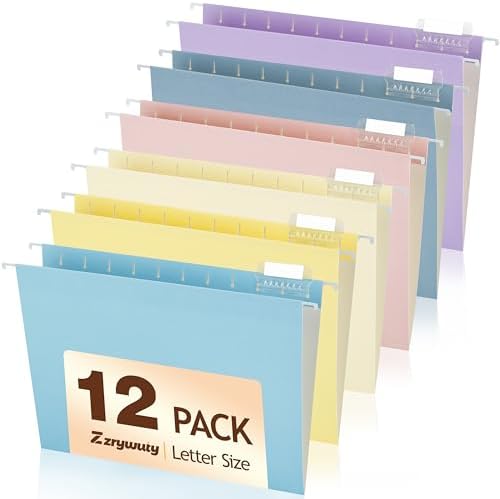 Zzrywuty Hanging File Folders Letter Size, 12-Pack Hanging File Folder with 1/5-Cut Tabs, Color File Folders Hanging Organizers for Filing Cabinet, Bulky Files & Medical Charts by Zzrywuty
