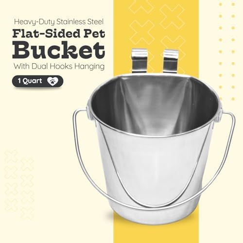 1 quart Stainless Steel Flat Sided Bucket with Dual Hooks | 0.25 gal Durable Food & Water Bowl for Dog Cat Bird & Small Animals | Fits kennel Cage Critter Crate | Hanging Utility Pet Pail - Image 2