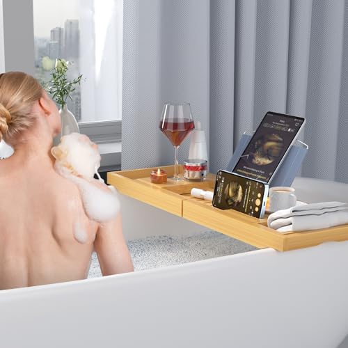 Sen Yi Bao Luxury Bamboo Bathtub Tray - Wooden Expandable Caddy with Book, Tablet, Wine Holder - Gift Idea - Image 5