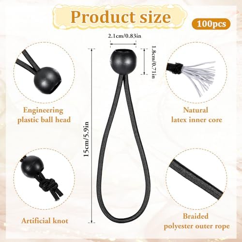 100 Pack Tarp Bungee Cords with Balls, 6 Inch Ball Bungee Cords Elastic Tarp Tie Downs Straps Heavy Duty Outdoor Canopy Tent Tie Downs for Camping, Travel, Luggage, Tent Poles with UV Resistant, Black - Image 3