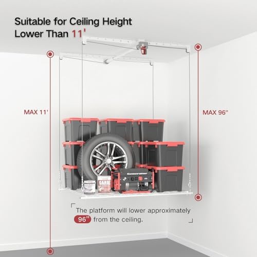 Overhead Garage Storage Rack, Adjustable Heavy-duty 4x4 Ft Ceiling Storage Racks with Safety Lock, Ideal for Garage Storage Lifting Organization System, 250lbs Capacity, White - Image 4