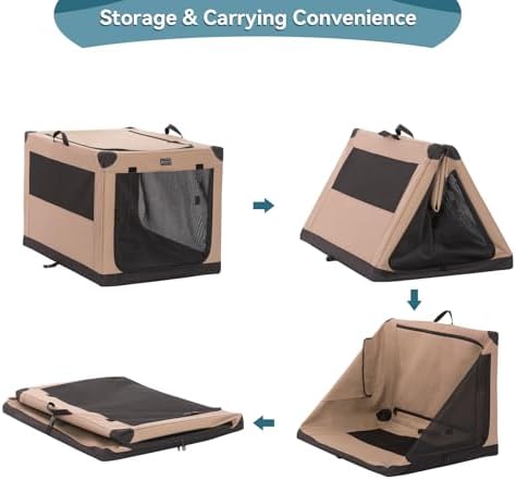 PETSFIT 26" Soft Portable Dog Crate – Patented Spiral Sturdy Frame, Collapsible Travel Kennel for Small Dogs, 3 Mesh Door, Lockable Zippers, Indoor & Car Use Khaki - Image 6