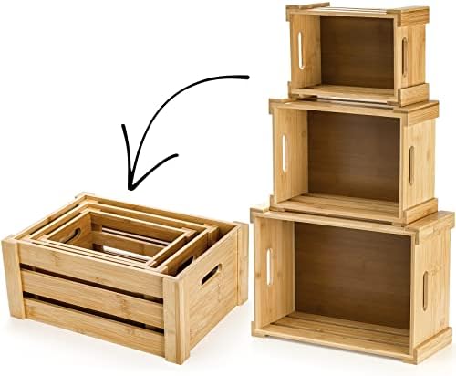 Lawei Set of 3 Bamboo Nesting Crates with Handles, Rustic Decorative Storage Container Box, Crate Box for Display, Farmhouse Bamboo Basket Bins for Fruit, Vegetable, Kitchen, Office, Bedroom, Closet - Image 4