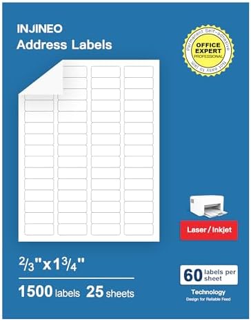 Address Labels, 2/3" x1-3/4 Shipping Address Labels for Inkjet & Laser Printers, Return Address Labels Compatible with 5195, 8195 and 18294 Labels, Easy to Peel (1500 Labels, 25 Sheets) by INJINEO