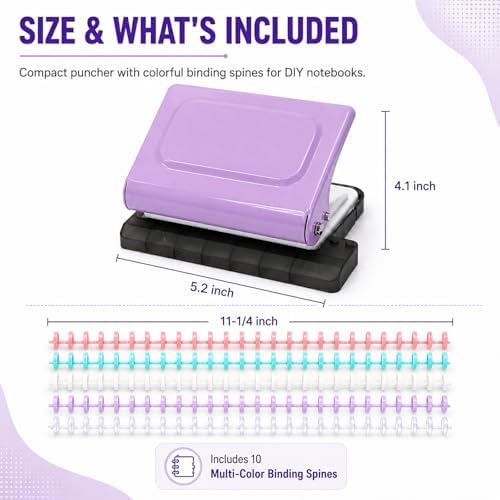 10 Hole Punch Binding Machine Kit for Planner (Purple) with 10 Multi-Color Spiral Coils, Adjustable A4 A5 B5 Paper Puncher, DIY Notebook Scrapbook Maker for Home Office School Organization - Image 5