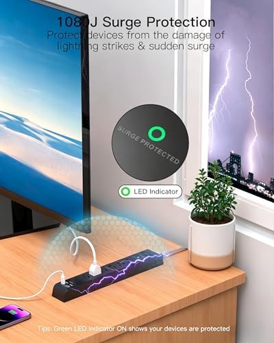 Flat Plug Extension Cord, Surge Protector Power Strip 15FT, 10-in-1 with 6 AC Outlets 4 USB Ports(2 USB-C), Extension Cord with Multiple Outlets, Wall Mountable, 1080J Surge Protection, Black - Image 4
