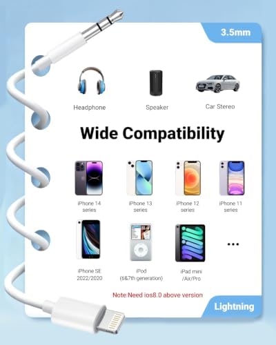 Aux Cord for iPhone,[Apple MFi Certified] Lightning to 3.5 mm AUX Cable for Car Stereo, Speaker, Headphone, Auxiliary Audio Cable Compatible with iPhone 14 13 12 11 XS XR X 8 7 3.3FT White - Image 6