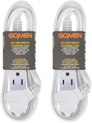 GOMEN 6 Feet Indoor Extension Cord with 3 Outlets, AWG 16/3 Angled Flat Plug Power Strip, 3 Prong Grounded, 13 Amps - 1625 Watts - 125 VAC, White, 2 Pack by GOMEN