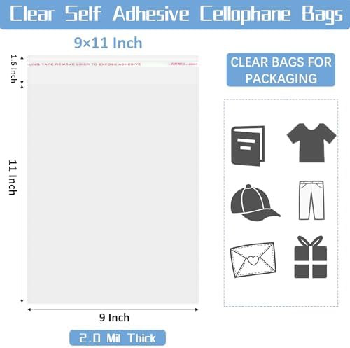 QOIUSO 9x11 Inch Self-Sealing Clear Plastic Shipping Bags for Clothes, 100 Pack OPP Poly Cellophane Packaging Bags with Reinforced Edges for Small Business Garment Storage & Mailing - Image 2