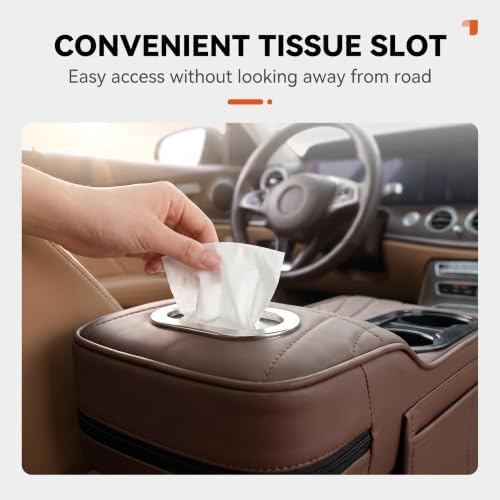 Multifunctional Car Armrest Cover, Premium PU Leather Memory Foam Center Console Cushion with Dual Cup Holders Tissue Box, Center Console Organizer Storage Pouch for Sedans SUVs Trucks (Coffee) - Image 7