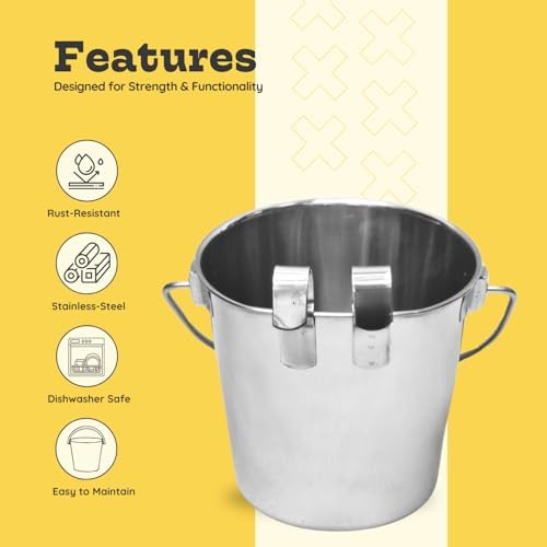 4 Quart Stainless Steel Flat Sided Bucket with Dual Hooks | 1 gal Durable Food & Water Bowl for XL Dogs, Cats, Goat & Livestock | Fits kennel Cage Critter Crate | Hanging Utility Pet Pail - Image 3